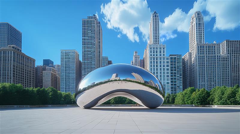 a large reflective object in front of Millennium Park
